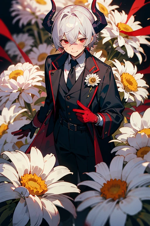 ((best quality)), ((masterpiece)), (detailed), the perfect face of an anime boy, a demon, purple horns and tail, 17-year-old, cute, blush, short white hair, 6 ft tall, pale skin, red eyes, his left eye was covered by a piece of fabric, black detective outfit but actually an assassin, black gloves, blood covers him, there's an ink monster with a lot of eyes in his long coat, innocent a bit of insane smile, emotionless eyes red spider lilies, white chrysanthemums, and other flowers that symbolize demons and hell.