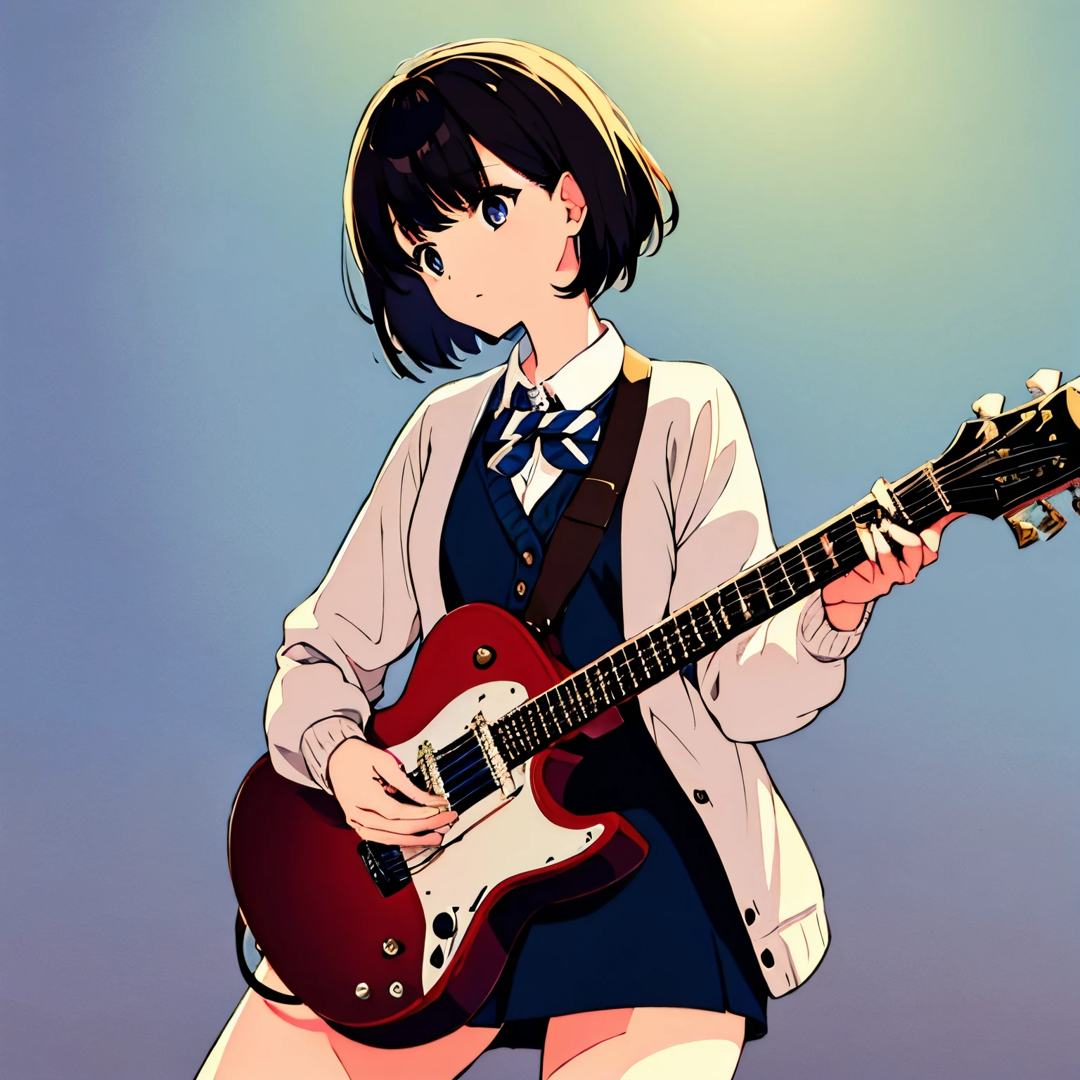 Short hair girl wearing a cardigan、white guitar、simple background、Modern atmosphere