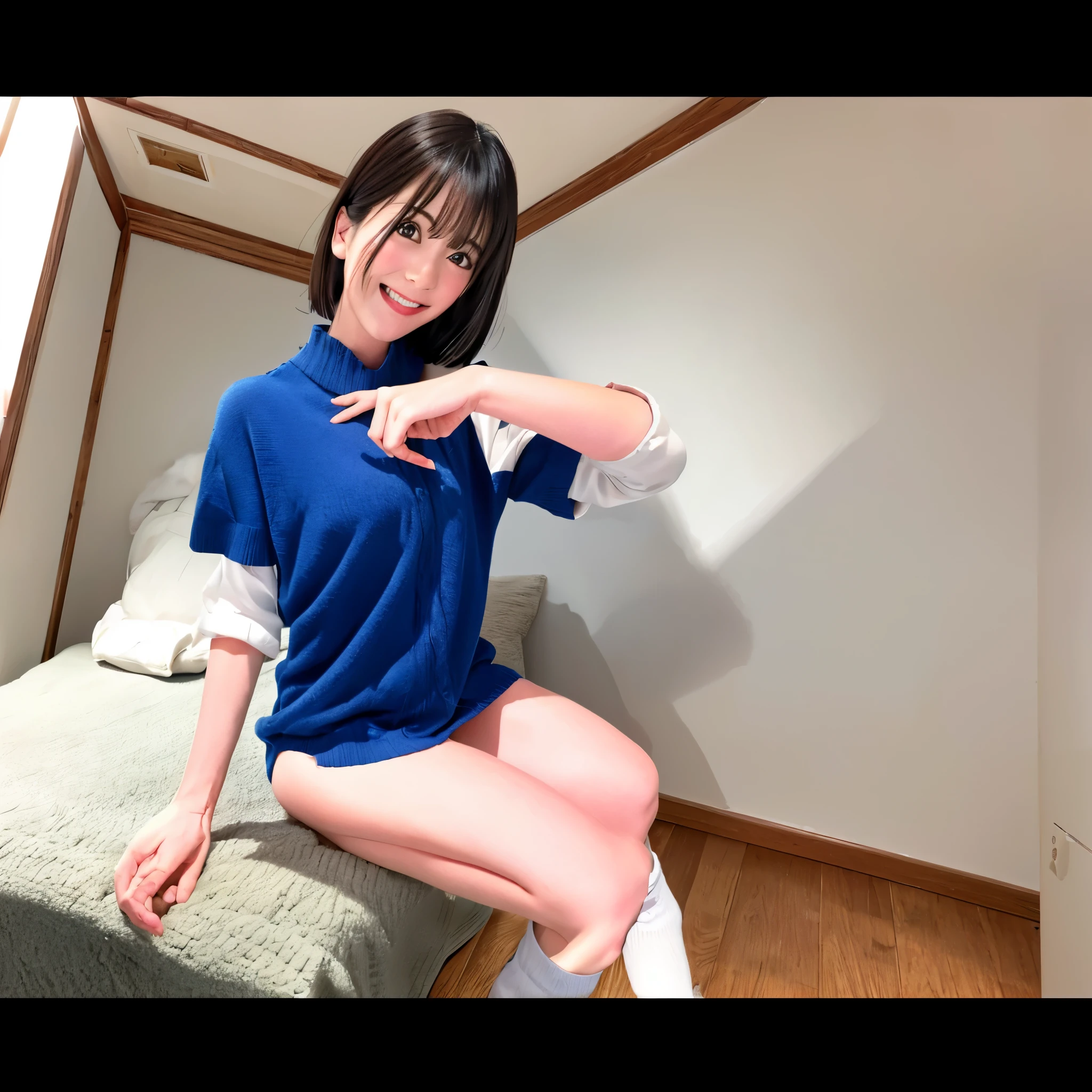 show entire body, photo image, Asian female, with a pixie hairstyle. Wearing a long blue shirt with the words on it say (hug me). With white tights and no shoes