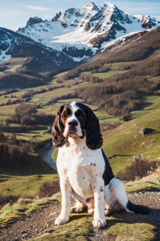 English springer spaniel and winter mountains