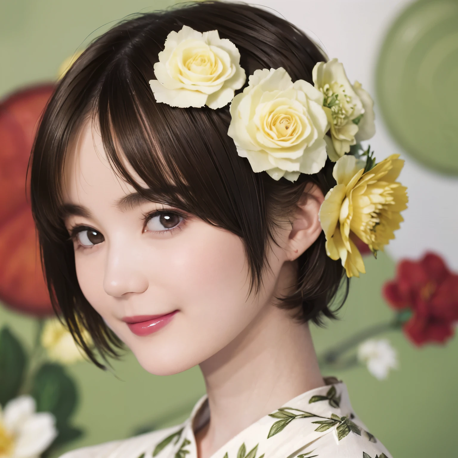 151
(20 year old woman,Floral clothing), (Super realistic), (high resolution), ((beautiful hairstyle 46)), ((short hair:1.46)), (gentle smile), (brest:1.1), (lipstick)
