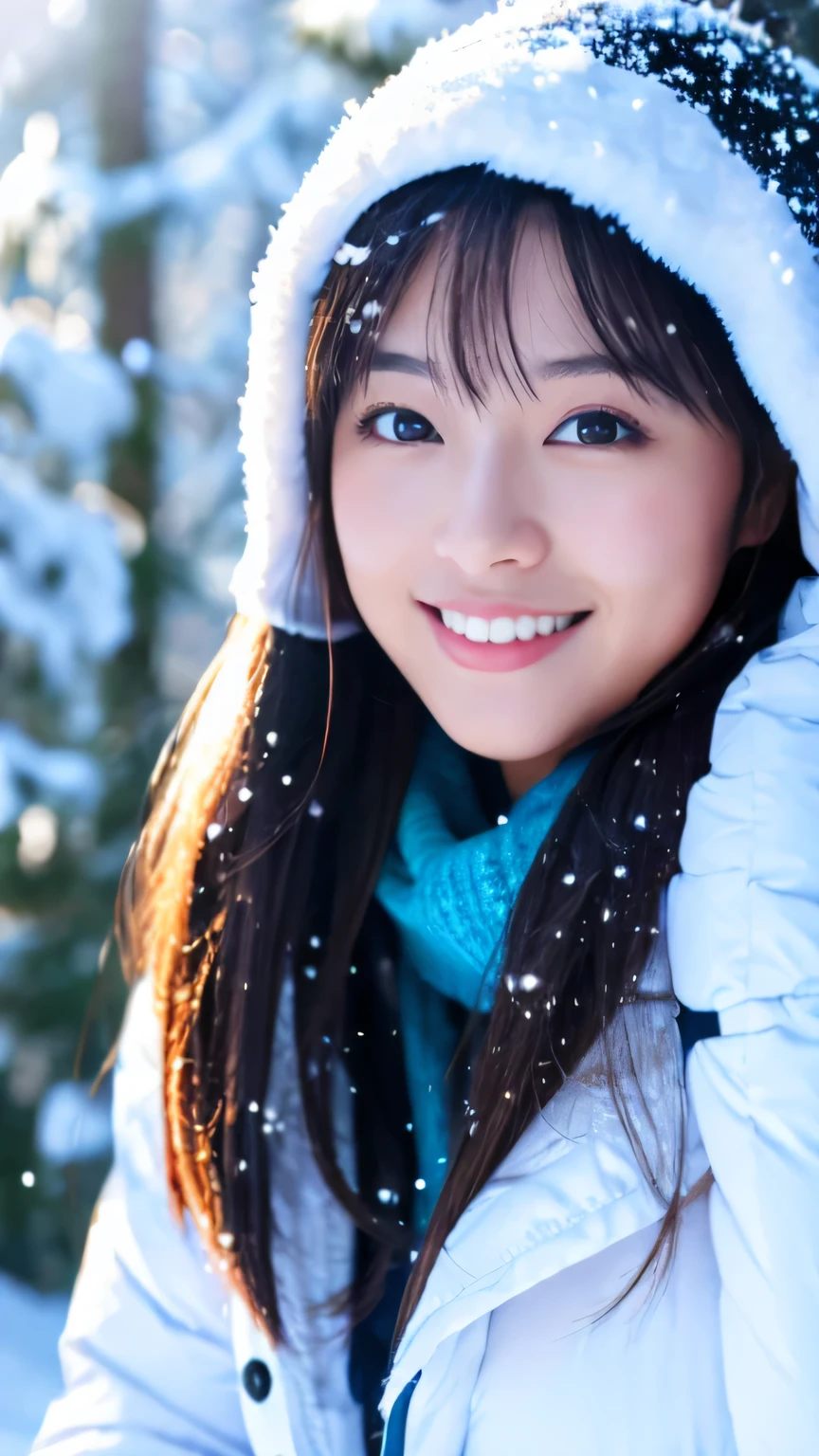 (realistic, photo-realistic:1.4), (extremely detailed 8k wallpaper), bokeh, detailed beautiful eyes and skin, (Image from thighs to head:1.3), Canon R5 50mm, (Japanese idol:1.4), 25yo, beautiful woman, smile, large breast, bikini, Happy snowshoer exploring a snowy forest trail, Winter wonderland with snow-covered trees and a peaceful ambiance, Scenic snowshoeing adventure,