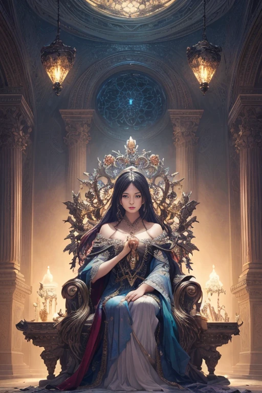 (((masterpiece))), (((best quality))), ((ultra-detailed)), (hyperrealistic), (highly detailed CG illustration), ((an extremely delicate and beautiful)),cinematic light, Create a stunning anime artwork that is currently trending on ArtStation, showcasing exquisite beauty and captivating aesthetics. The art piece should be highly detailed, featuring a compelling character and a visually appealing environment. The character in the artwork is a graceful and enchanting figure, radiating an aura of elegance. Pay close attention to intricate facial features, such as mesmerizing eyes with vibrant colors and delicate shading. The character's clothing should be designed with elaborate patterns, flowing fabrics, and rich textures, reflecting a blend of fantasy and contemporary fashion. Place the character in a captivating environment that enhances the overall appeal of the artwork. It could be a breathtaking natural landscape, a bustling futuristic cityscape, or a mystical realm filled with magical elements. Incorporate vibrant colors, dynamic lighting, and detailed background elements to create a sense of depth and immersion. Consider the latest trends in anime art, such as incorporating unique lighting effects, exploring creative composition techniques, or experimenting with unconventional color palettes. Take inspiration from the top artists on ArtStation and their exceptional execution of various art styles and themes. Camera: Choose an angle that highlights the character's beauty and the immersive environment. Lighting: Utilize atmospheric lighting techniques to create depth and mood. Resolution: Aim for a high-resolution artwork to showcase intricate details and clarity. Art Inspirations: Seek inspiration from the trending artists on ArtStation, exploring different styles, genres, and themes, sit in the throne