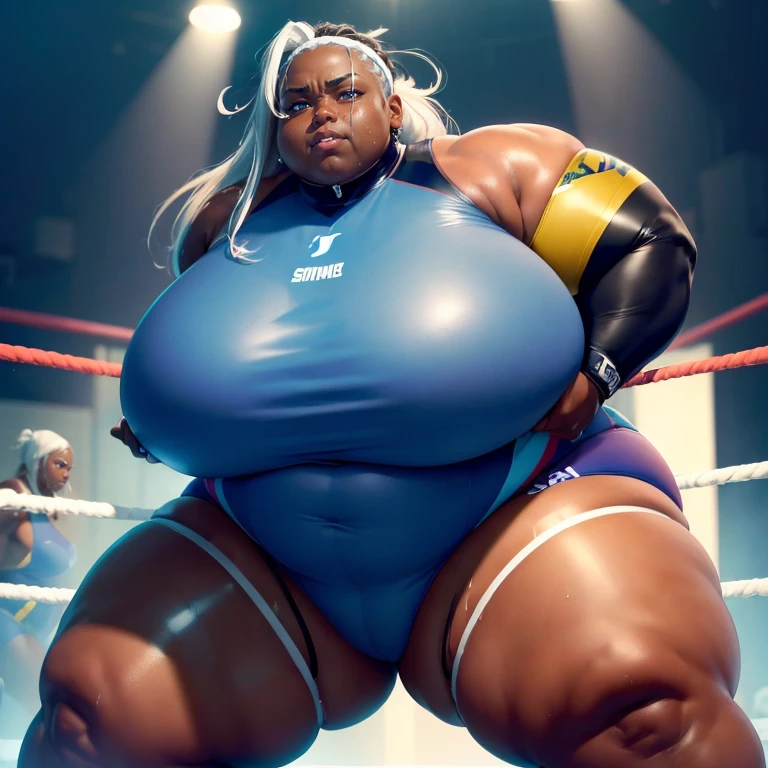 ((Dark skin)), dark skinned female, ((giantess)), ((strongfat)), ssbbw, obese, ((strong arms)), white hair, blue eyes, ((tall)), (gentle smile), (wrestling gear), gigantic, insanely large belly, sweaty, subtle blush, (bare arms), ((biceps)), ((flexing)), leotard, fingerless gloves, wrestling ring background,