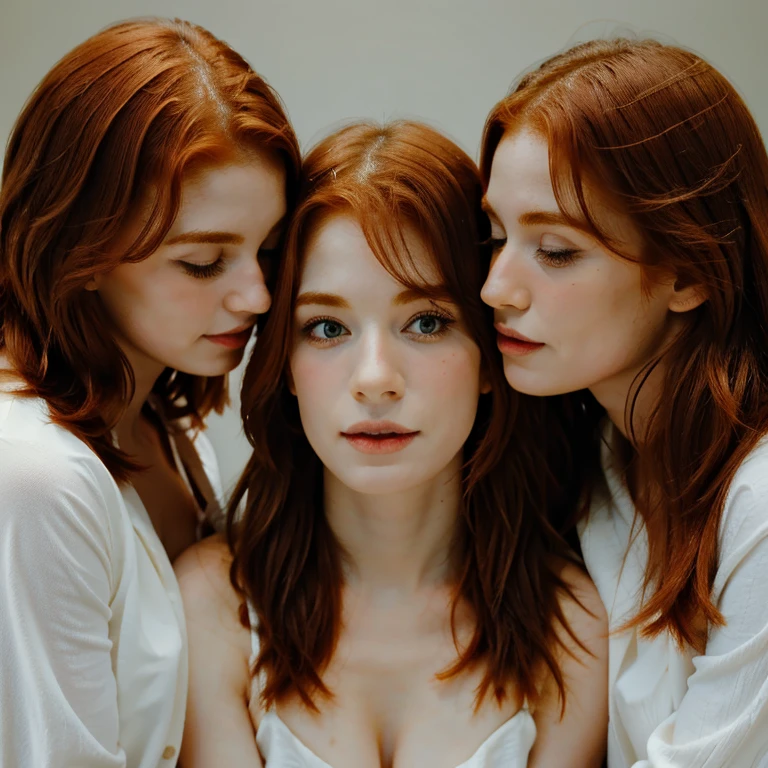 Twi Mature women, high detail, masterpiece, conjoined, infront of a grey wall, wearing a blouse, cleavage, freckles, detailed eyes, dark green eyes, left woman has blond hair and a tan, right woman has red hair and pale skin,