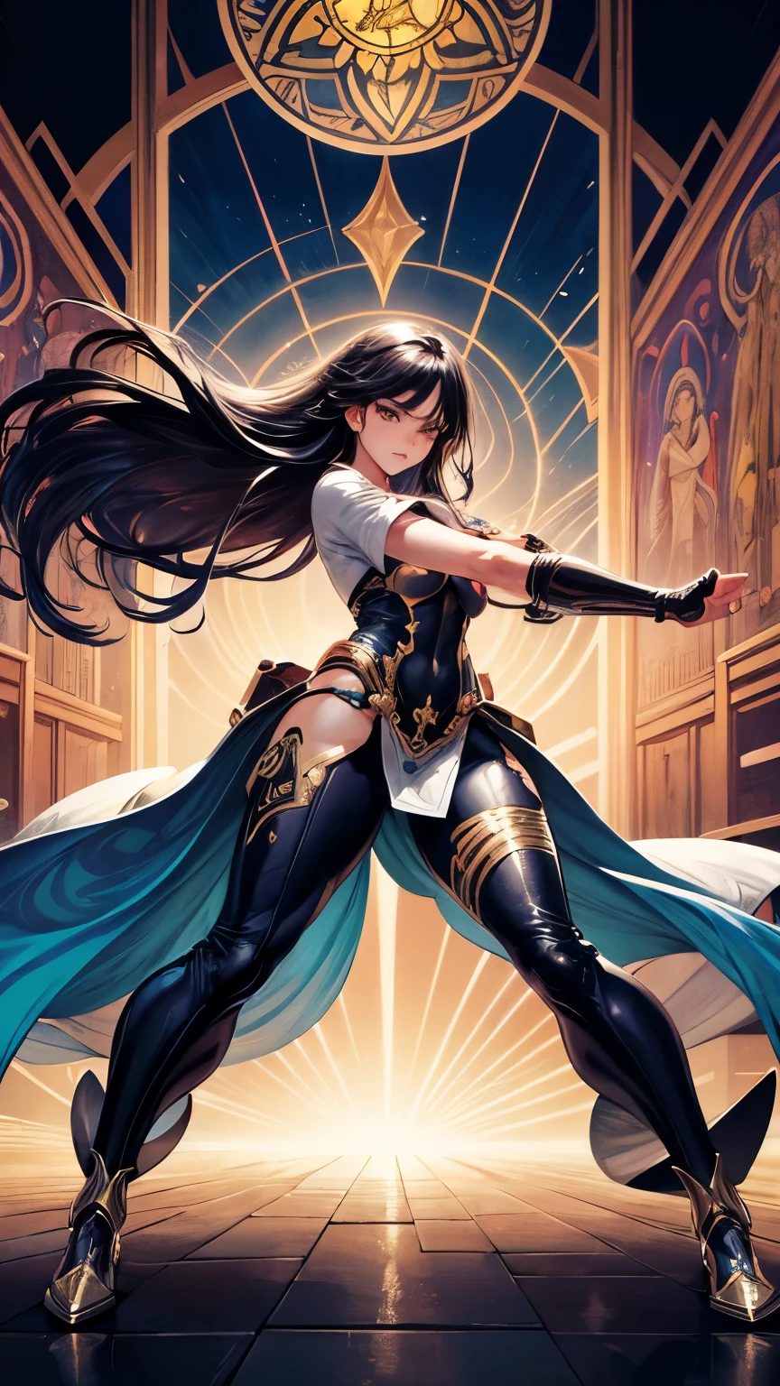 Kennedy and Daniel Sampere::2.0 Anime Gacha illustration style, Tatoon style, comic style, , Beautiful woman with ultra detailed long hair and in various full body attack poses., (Beautiful and clear background: 1.2),Futuristic suit, Super detailed circular metals Clinging to the arms and pants, Fantastic paintings, Graffiti style, flowers, full body, athletic body, highly detailed eyes, a t-shirt or dress with a white blouse underneath, with both fists in fighting position, and bracelets, Fighting an enemy, with long black hair, Stained Glass, outside, vibrant, alphonse Mucha style, Fantastic paintings by Joe Madureira, high quality, art, woman, long black hair, freedom, soul, digital illustration, comic style, Anatomy perfect, focused, Approaching perfection, dynamic, highly detailed, HDR colors