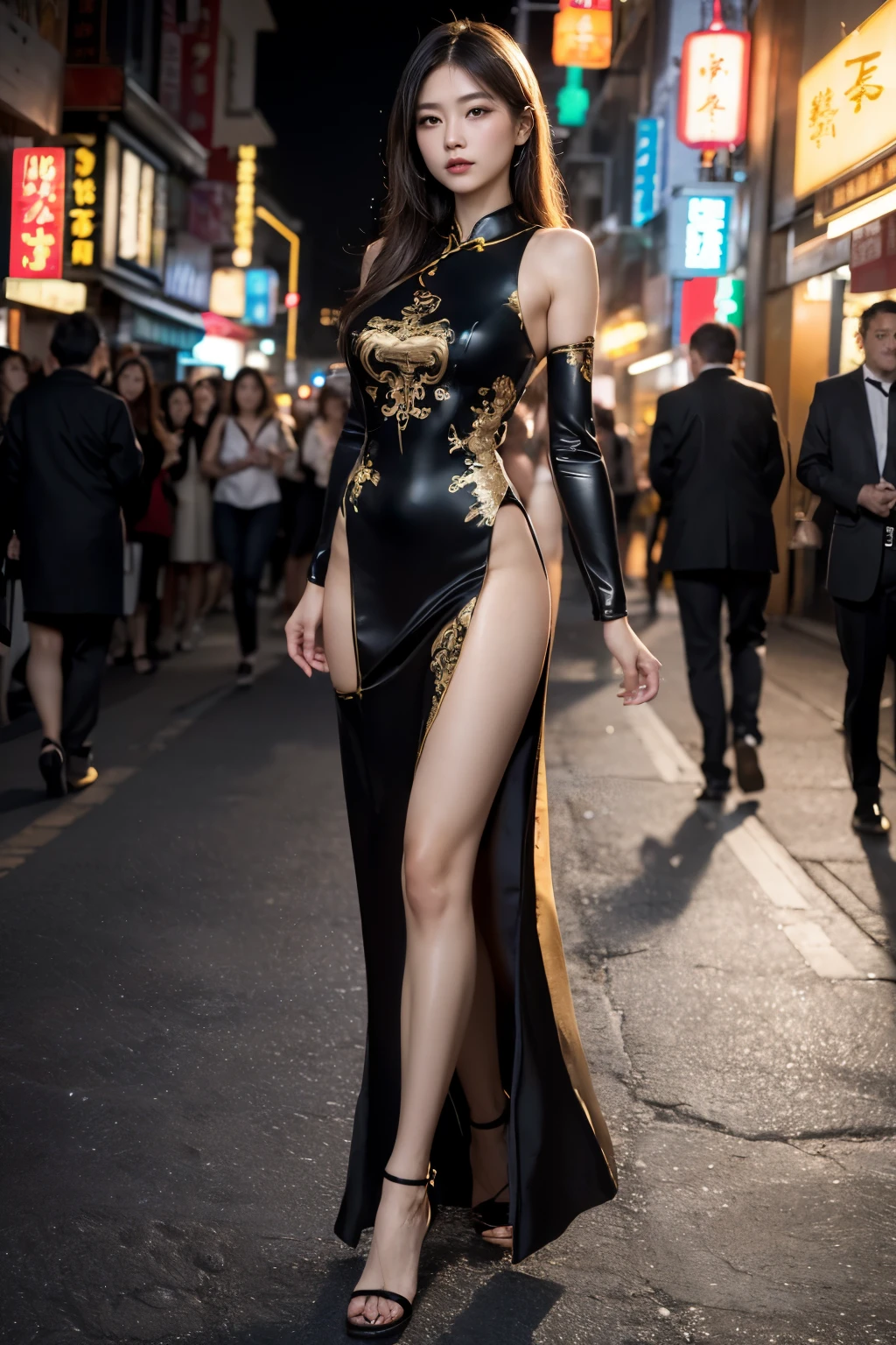 masterpiece, highest quality, realistic, 1 girl, chinatown, walk, night, Long cheongsam dress with gold embroidery, Princess, beautiful long hair, big ass, realistic美しいlegs, Clothes with a wide open chest, stockings, nipple protrusion, My whole body is sticky with body oil, trained body, abs, professional lighting, glowing skin, Full body photo up to the toes