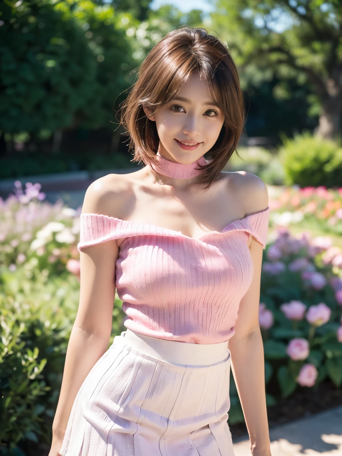((((highest quality))))、(((Ultra-precision CG16K wallpaper)))、(((masterpiece)))、(((Super detailed)))、(((super extreme details)))、1people's women、mature woman、25 year old woman、((Japanese face))、((very beautiful face))、((Yoko Minamino:1.5))、((straight shoulder cut hair:1.3))、(shiny hair)、bangs up to eyebrows、beautiful brown hair、beautiful delicate eyes、brown eyes、raised eyebrows、high nose、small nostrils、small mouth、seductive lips、mouth slightly open、beautiful breasts、C cup size breasts、cleavage、plump body、perfect proportions、perfect anatomy、perfect composition、beautiful detailed shading、beautiful natural lighting、beautiful detail glow、Depth of bounds written、(((High chroma)))、(((real:1.9)))、((vivid:1.4))、((beautiful skin))、((skin texture))、((realな皮膚感))、(((cowboy shot:1.5)))、((Angle seen from the front:1.5))、((smile:1.4))、(Eyes looking at me:1.5)、bright sunshine、(((garden:1.3)))、(standing pose:1.5)、(((Pink ribbed knit T-shirt、Wearing a miniskirt:1.5)))、(((Wearing a choker)))、