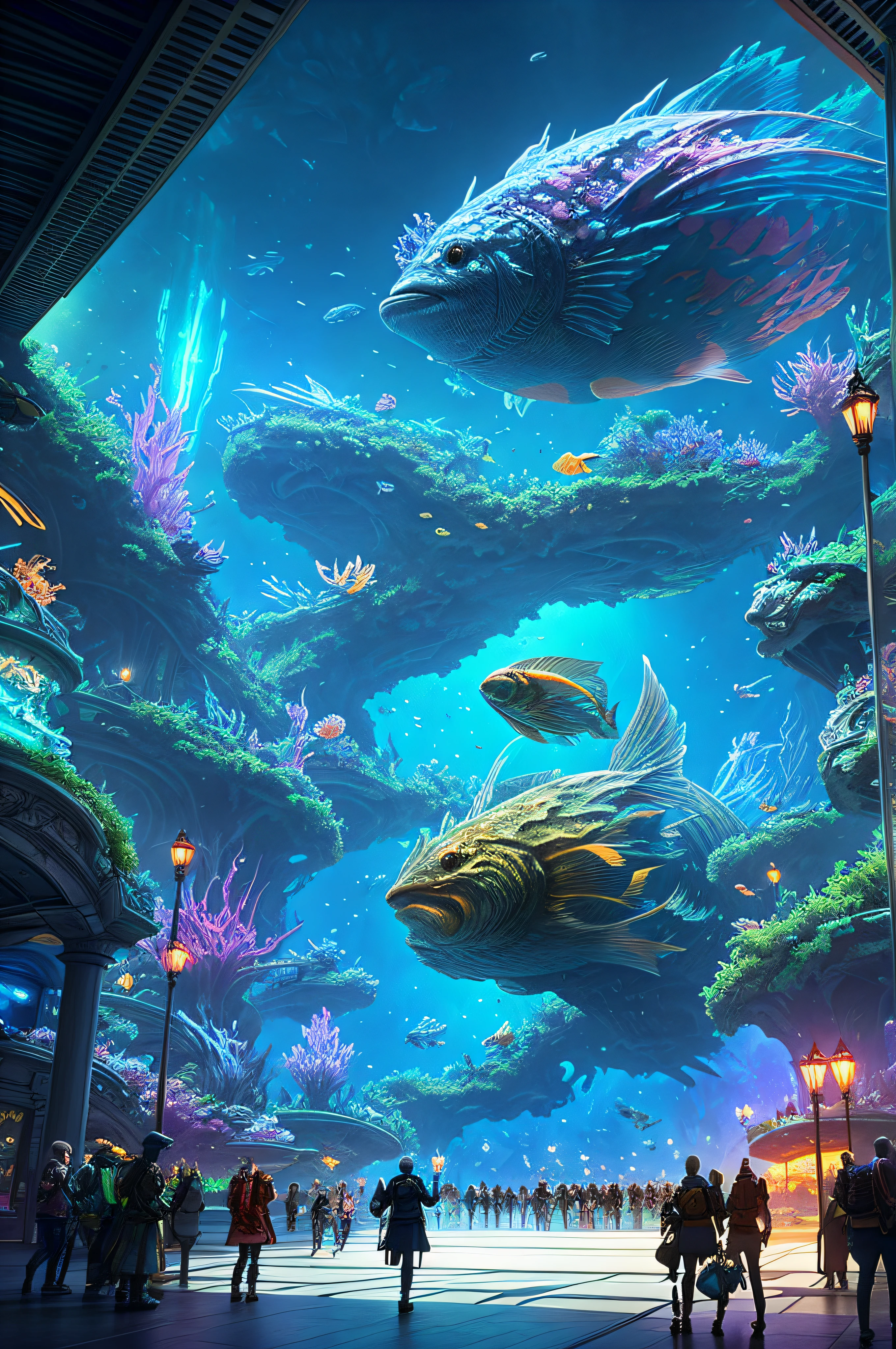 Fantasy concept art, a transparent building as a huge aquarium with fish at night, beautiful light decoration, wide angle lens, 8k octane rendering, realistic, epic shots, movie lighting, detailed architecture, detailed fish, brilliant and colorful