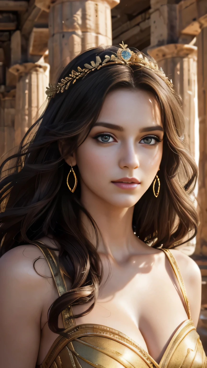 (best quality,4k,8k,highres,masterpiece:1.2),ultra-detailed,(realistic,photorealistic,photo-realistic:1.37),megara of greek mythology,beautiful,portrait,detailed eyes,detailed lips,graceful,serene,flowing curly hair,captivating gaze,crown of laurel leaves,elegant dress flowing in the wind,slim waist,long flowing gown,bronze skin,fierce and strong features,powerful presence,background of ancient Greek ruins,sunlight filtering through the columns,soft and warm lighting,vivid colors,subtle color tones of gold and blue,expressive emotions in her face and eyes,subtle smile,image depth and dimensionality,hauntingly beautiful