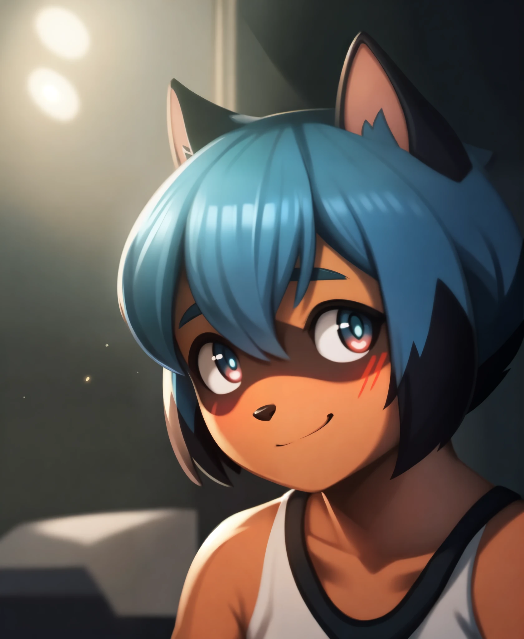 (by kilver), (by canxue), (by yuris (artist)), (by skyline comet), (by pestil),, depth of field, perfect lighting, light particles, michiru_kagemori, michiru, furry, anthro, (facial_mark), solo, smile, looking_at_viewer, short_hair, tail, indoors, dark room, screen lights, posing, cute pose, happy, dark_skin,