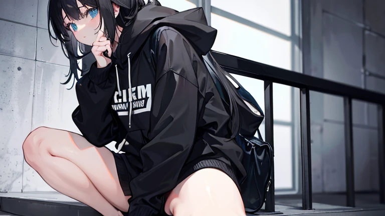 Cute Girls、Changing clothes、black tights、Short Bob、hoodie、Smoke a cigarette、Sitting on the ground 、Showing her panties、Attractive breasts、See-through underwear