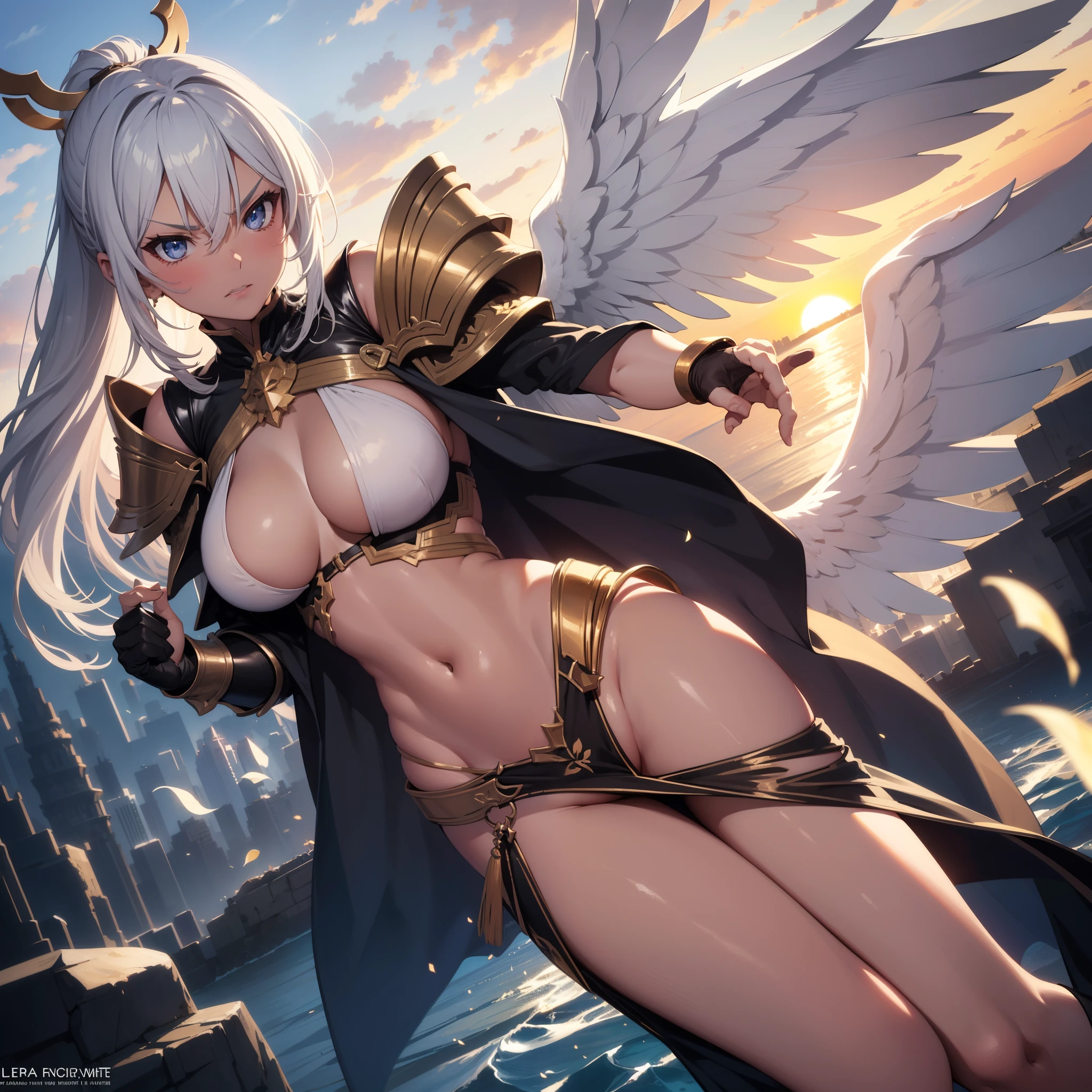 fantasy, 1angel_girl, brown_ponytail_hair, (dark_skin:1.1), bare_shoulder, navel, thigh,silver_shiny_armor, white_clothes,waist_armor, glebe, hold_swords, big_tits, angry, dynamic_fighting_pose, floating, (1pair_white_wings:1.2), sunrise_city_background,(pelvic_curtain:1.3), headgear, large_ass,apart_legs,solo,nsfw