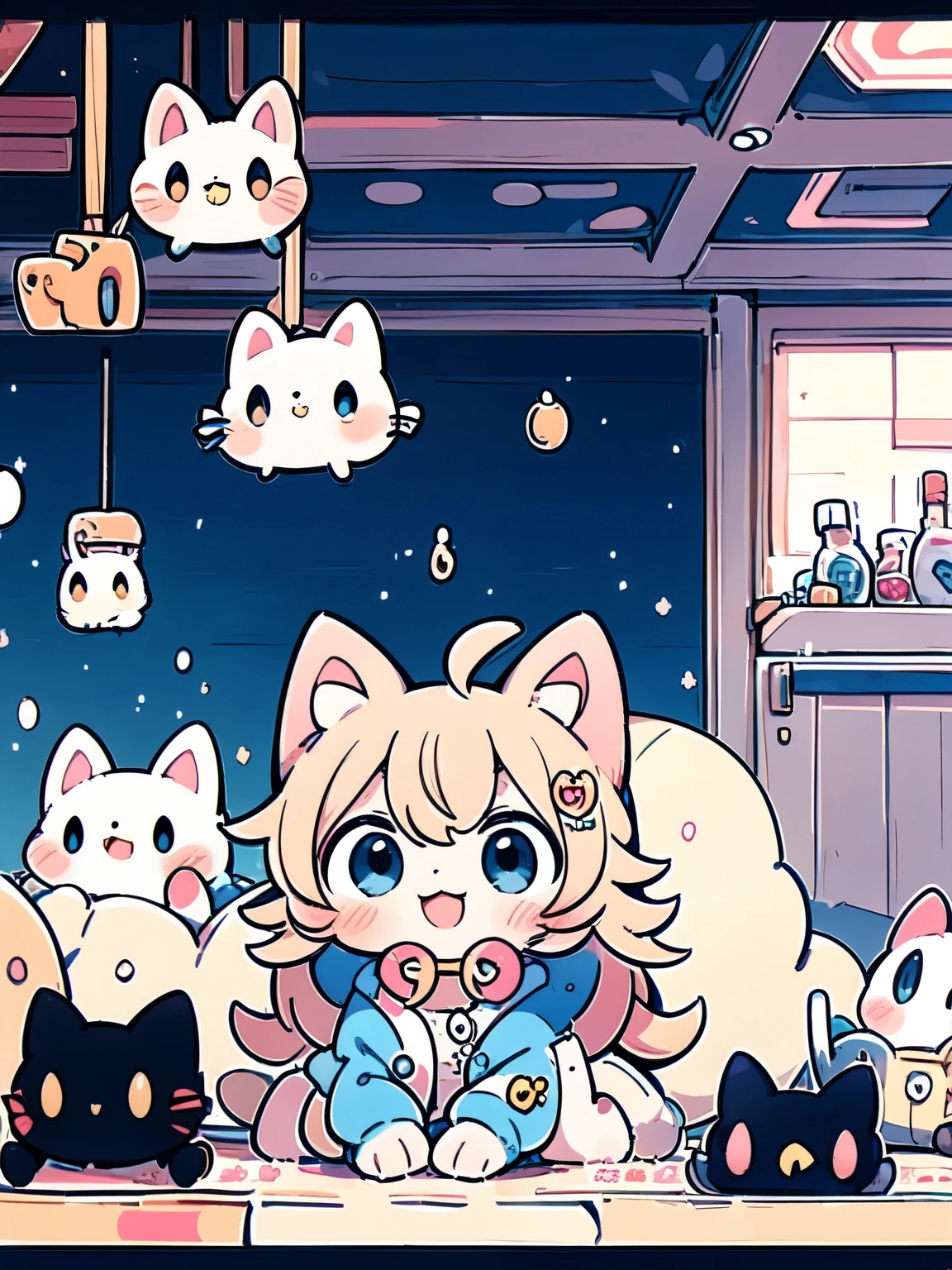 Young, cute, human, girl, crazy cat lady, completely surrounded by cats, covered in cats, lot of cats, smiling. Indoors, large room. Cartoon, anime