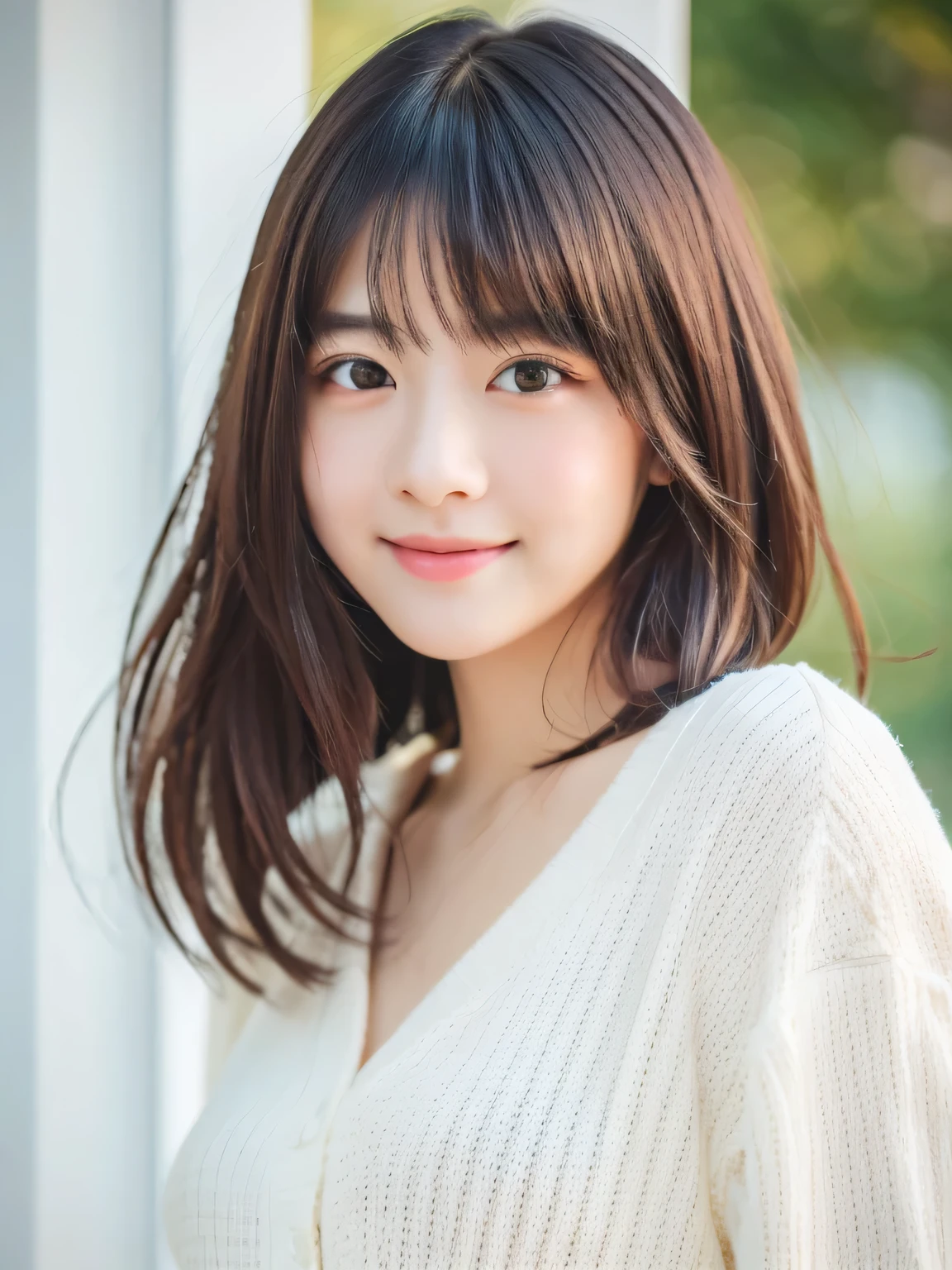 (masterpiece, highest quality, RAW photo, realistic:1.2), smile, beautiful girl, cute, delicate girl, short hair, written boundary depth, High resolution, Super detailed, detailed, 非常にdetailedな目と顔, realistic student, sharp focus, cinematic lighting, Upper body, bangs, knit sweater,