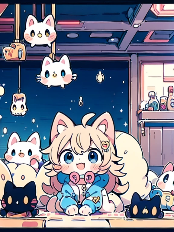 Young, cute, human, girl, crazy cat lady, completely surrounded by cats, absolutely covered in cats, lot of cats, smiling. Indoors, large room. Cartoon, anime