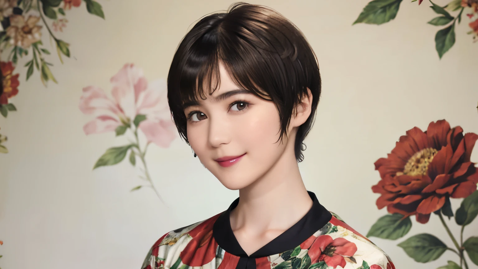 151
(20 year old woman,Floral clothing), (Super realistic), (high resolution), ((beautiful hairstyle 46)), ((short hair:1.46)), (gentle smile), (brest:1.1), (lipstick)
