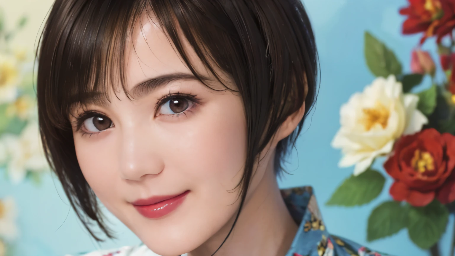 151
(20 year old woman,Floral clothing), (Super realistic), (high resolution), ((beautiful hairstyle 46)), ((short hair:1.46)), (gentle smile), (brest:1.1), (lipstick)
