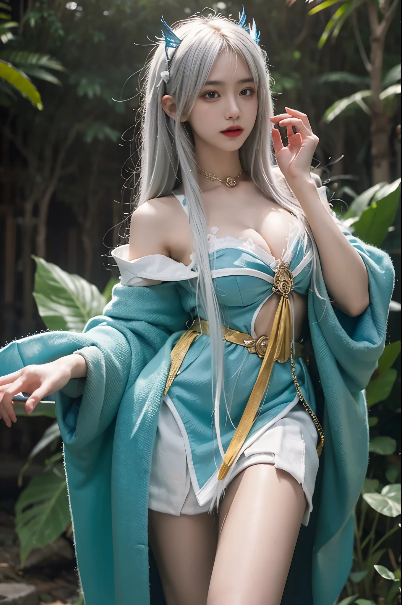 masterpiece,best quality,(Very detailed CG unified 8k wallpaper),(best quality),(best illustrations),(best shadow),(knee shot), (night, moonlight), Sexy female model, slender legs, thin figure, A plump chest, cleavage, 1 white-haired girl,Close-up of beautiful woman with white hair,beautiful figure painting,Gurwitz,Gurwitz-style artwork,Epic and beautiful character art,Stunning character art,Fan Qi,Wu Zhun Shifan,Gurwitz on pixiv art site,Glowing Elves,森林主题中的natural elements。mysterious forest,Beautiful forest,Great outdoor activities,surrounded by flower,精致的树叶和branches被firefly包围(natural elements),(jungle theme),(leaf),(branches),(firefly),(particle effects), octane rendering,Ray tracing,super detailed