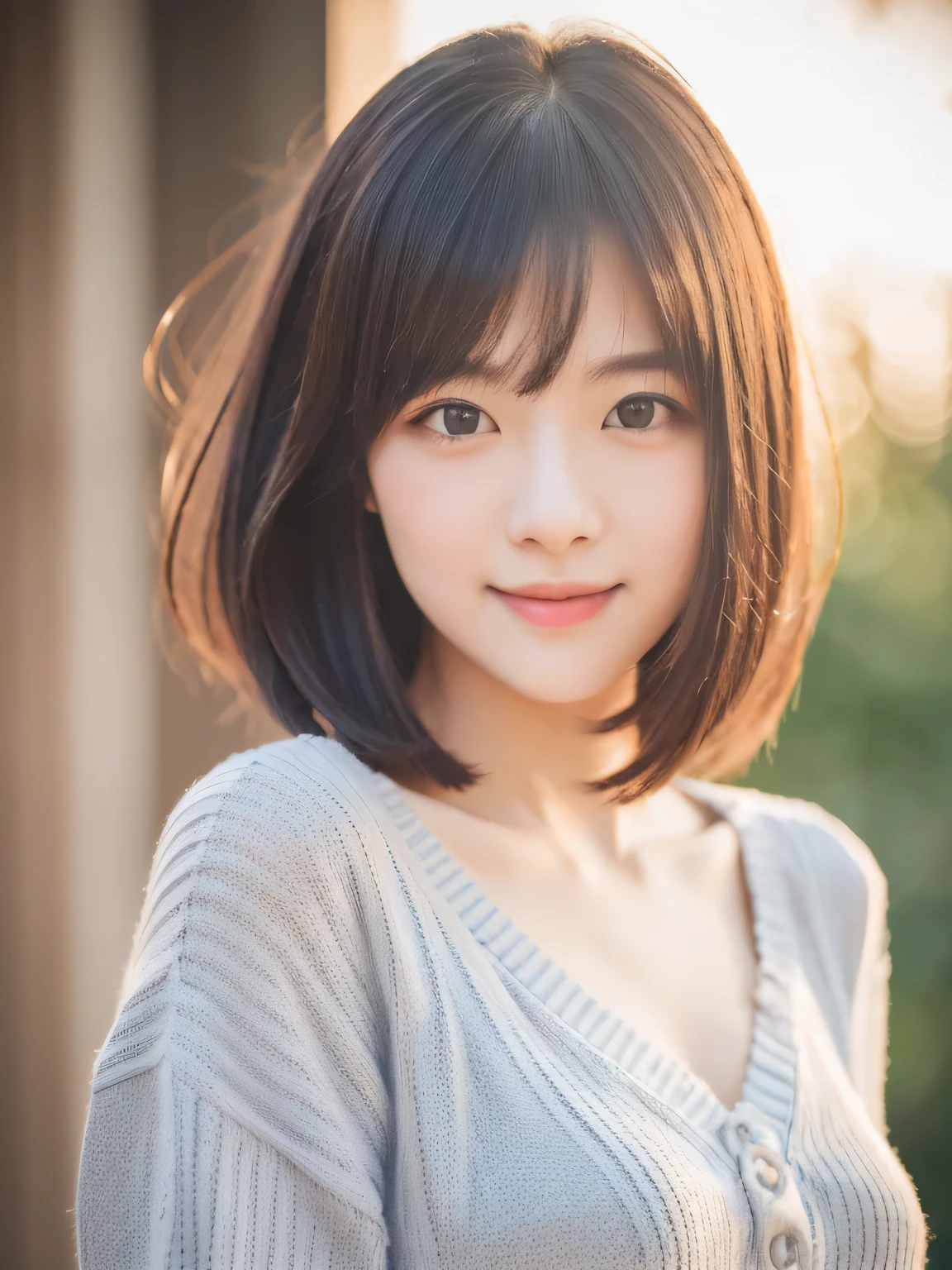 (masterpiece, highest quality, RAW photo, realistic:1.2), smile, beautiful girl, cute, delicate girl, short hair, written boundary depth, High resolution, Super detailed, detailed, 非常にdetailedな目と顔, realistic student, sharp focus, cinematic lighting, Upper body, bangs, knit sweater,