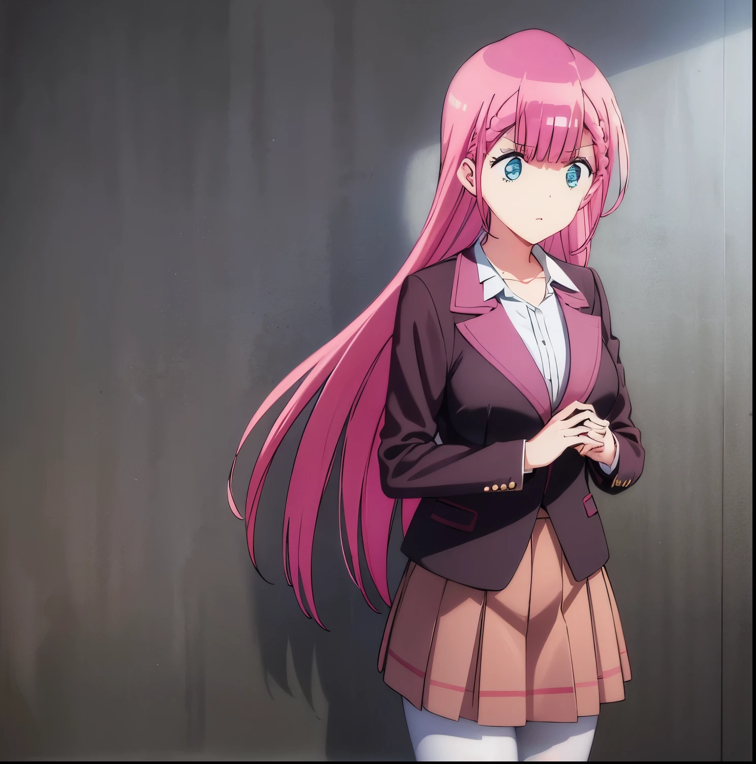 masterpiece, best quality, 1girl, alone, kirisu mafuyu, long hair, pink hair, blue eyes, red skirt, jacket, hair between eyes, braid, skirt suit, long sleeves, black pantyhose, white shirt, brown pantyhose, collarbone, large breasts,large breasts, medium waist, wide hips, medium thighs,