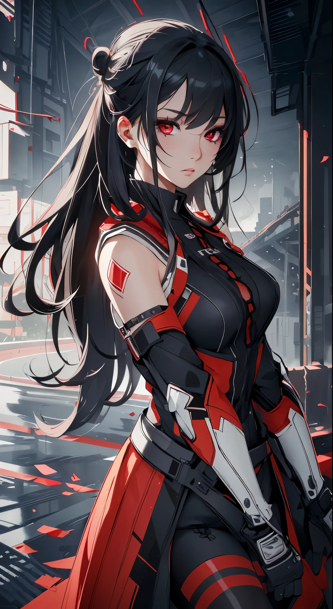 futuristic girl with long black hair with bright red highlights aged 18 and determined expression 