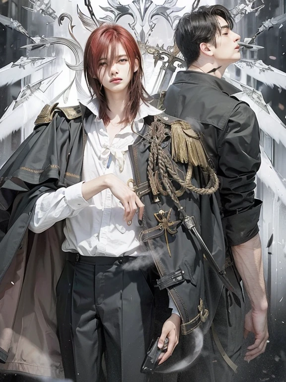 Anime background, webtoon background, red hair man wear commandan uniform, black hair man, handsome man