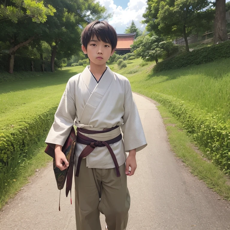 High resolution, Super detailed, masterpiece, highest quality,oriental、boy、ancient japanese peasant clothes、alone、game poster、pants、fields、