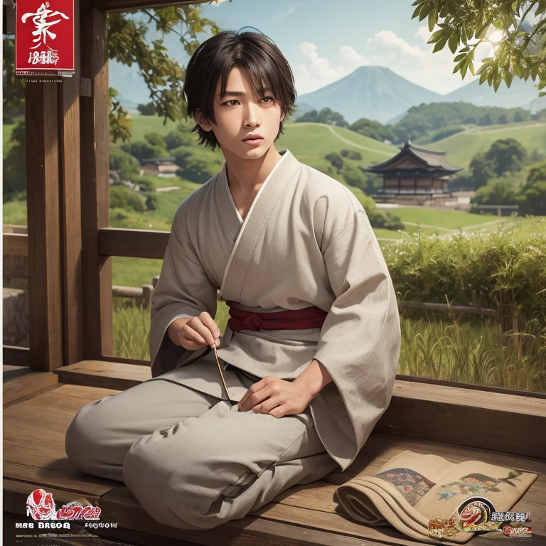 High resolution, Super detailed, masterpiece, highest quality,oriental、boy、ancient japanese peasant clothes、alone、game poster、pants、fields、