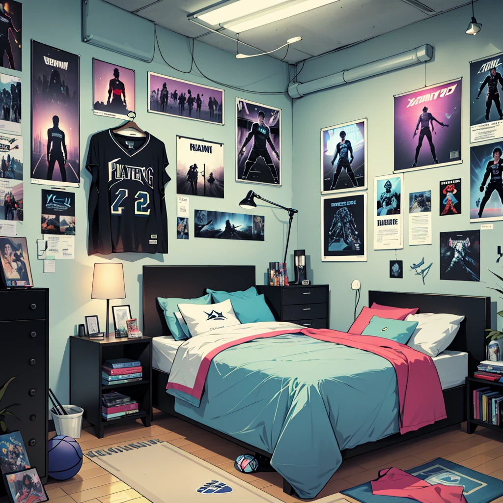 (Best Quality, 4k, high resolution, Masterpiece: 1.2), Modern and minimalist teenage boys' bedroom, Vibrant color scheme, Sleek furniture, Posters of sports teams and video games on the walls, Energy-infused decorations such as neon lights and trendy rugs, Dynamic concept represented by the Arrangement of objects, Such as a skateboard leaning against a wall, A PlayStation controller on a side table, An opened comic book on a cushion, Hanging basketball hoop above the bed, Clothes scattered casually yet intentionally on a chair, A lamp with a bold design casting an inviting glow, A whiteboard filled with dood