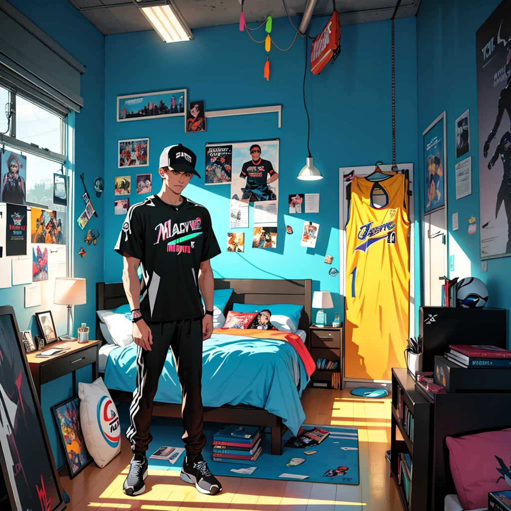 (Best Quality, 4k, high resolution, Masterpiece: 1.2), Modern and minimalist teenage boys' bedroom, Vibrant color scheme, Sleek furniture, Posters of sports teams and video games on the walls, Energy-infused decorations such as neon lights and trendy rugs, Dynamic concept represented by the Arrangement of objects, Such as a skateboard leaning against a wall, A PlayStation controller on a side table, An opened comic book on a cushion, Hanging basketball hoop above the bed, Clothes scattered casually yet intentionally on a chair, A lamp with a bold design casting an inviting glow, A whiteboard filled with dood