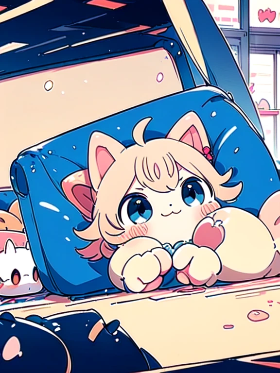 Young, cute, human, girl, crazy cat lady, human not cat person, laying on the floor, completely surrounded by cats, covered in cats, lot of cats, smiling. Indoors, large room. Cartoon, anime