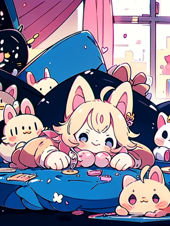 Young, cute, human, girl, crazy cat lady, human not cat person, laying on the floor, completely surrounded by cats, covered in cats, lot of cats, smiling. Indoors, large room. Cartoon, anime