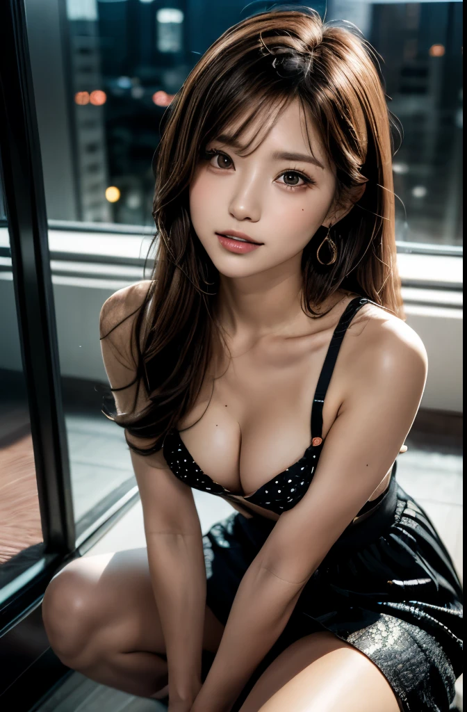 1 japanese woman, 40years old, baby face, full body, realistic nipple, srealistic private parts, underwear, ((small breasts:1.5)), brown hair, hair between eyes, tareme, eyeball, crystal earrings, parted lips, bright pupils, stifled laugh, hairpin, fingersmile, smirk, shy, open mouth, annoyed, blush, Liver spots, squatting down, ahoge, long hair, one piece dress, f/2.8, 35mm, Canon, depth of field, first-person view, glowing light, Surrealism, Hyperrealism, close-up, sideways, Viewpoint from above, UHD, masterpiece, textured skin, super detail, high quality, 8k