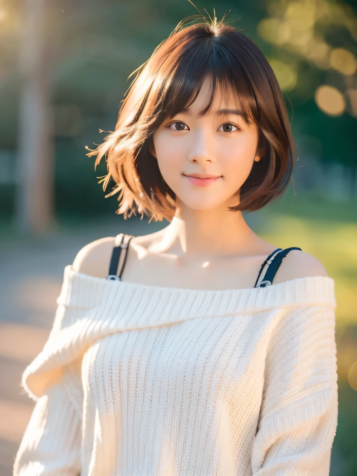 (masterpiece, highest quality, RAW photo, realistic:1.2), smile, beautiful girl, cute, delicate girl, short hair, written boundary depth, High resolution, Super detailed, detailed, 非常にdetailedな目と顔, realistic student, sharp focus, cinematic lighting, Upper body, bangs, knit sweater,