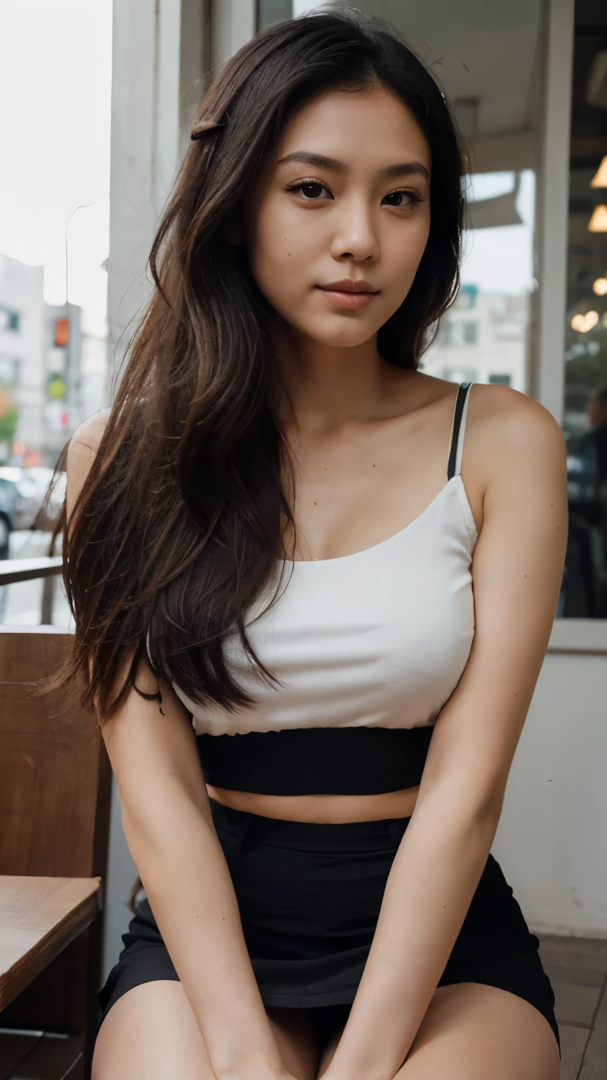 photo of black hair female, natural skin, realistic skin, beautiful refined oily skin, real skin texture, sharp face lines, skinny face, beautiful slim face, black long hair, beautiful dimples cheeks, slim beautiful japanese face, beautiful face, beautiful nose, masterpiece, high resolution, 21 years old, busty female, american mixed japanese ethnic female, At a downtown café, seated outside, in a classy midi skirt and a delicate lace top, sipping espresso, a soft smile with a subtle yet inviting gaze