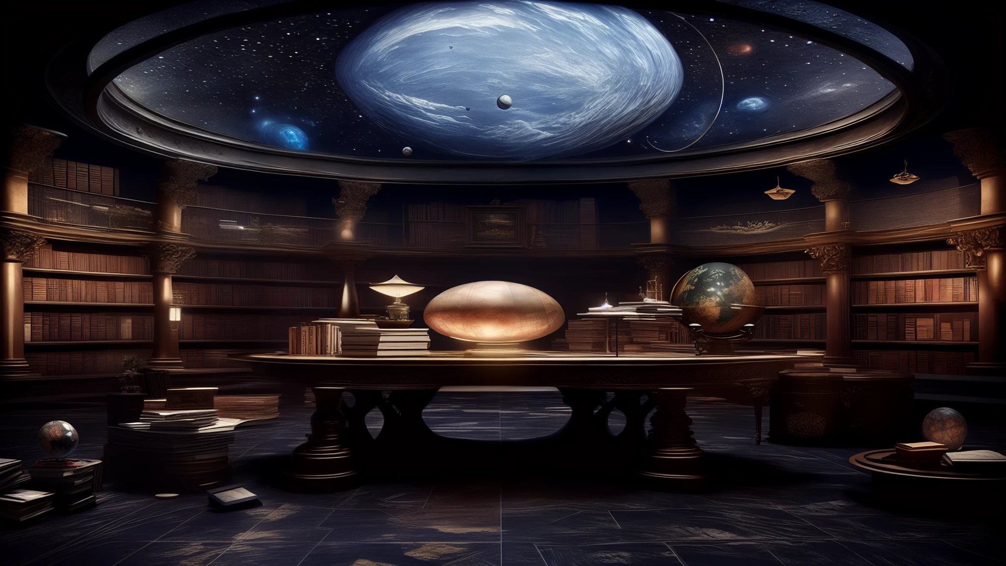 a room with a table and a globe in it, infinite celestial library, ancient library, gothic epic library, magic library, alchemist library background, borne space library artwork, magic laboratory setting, dark library, gothic library, fancy library, old library, grand library, gothic epic library concept, steampunk setting, an eternal library, in opulent library, dark academia aesthetics