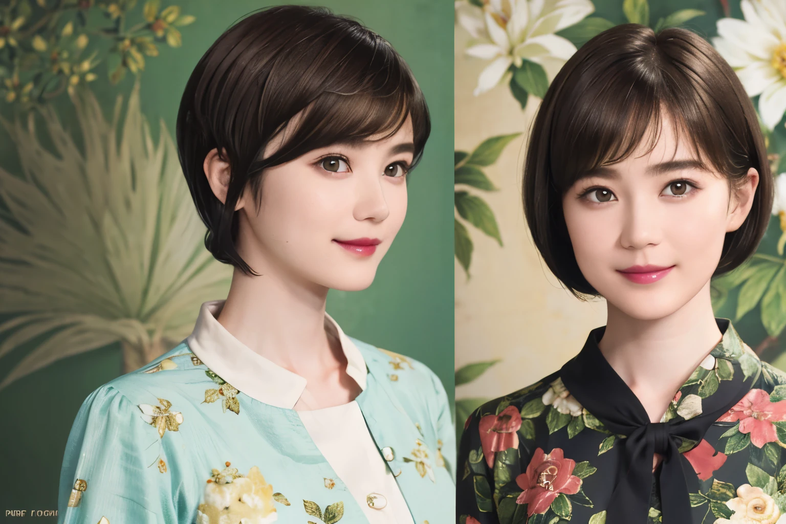 151
(20 year old woman,Floral clothing), (Super realistic), (high resolution), ((beautiful hairstyle 46)), ((short hair:1.46)), (gentle smile), (brest:1.1), (lipstick)
