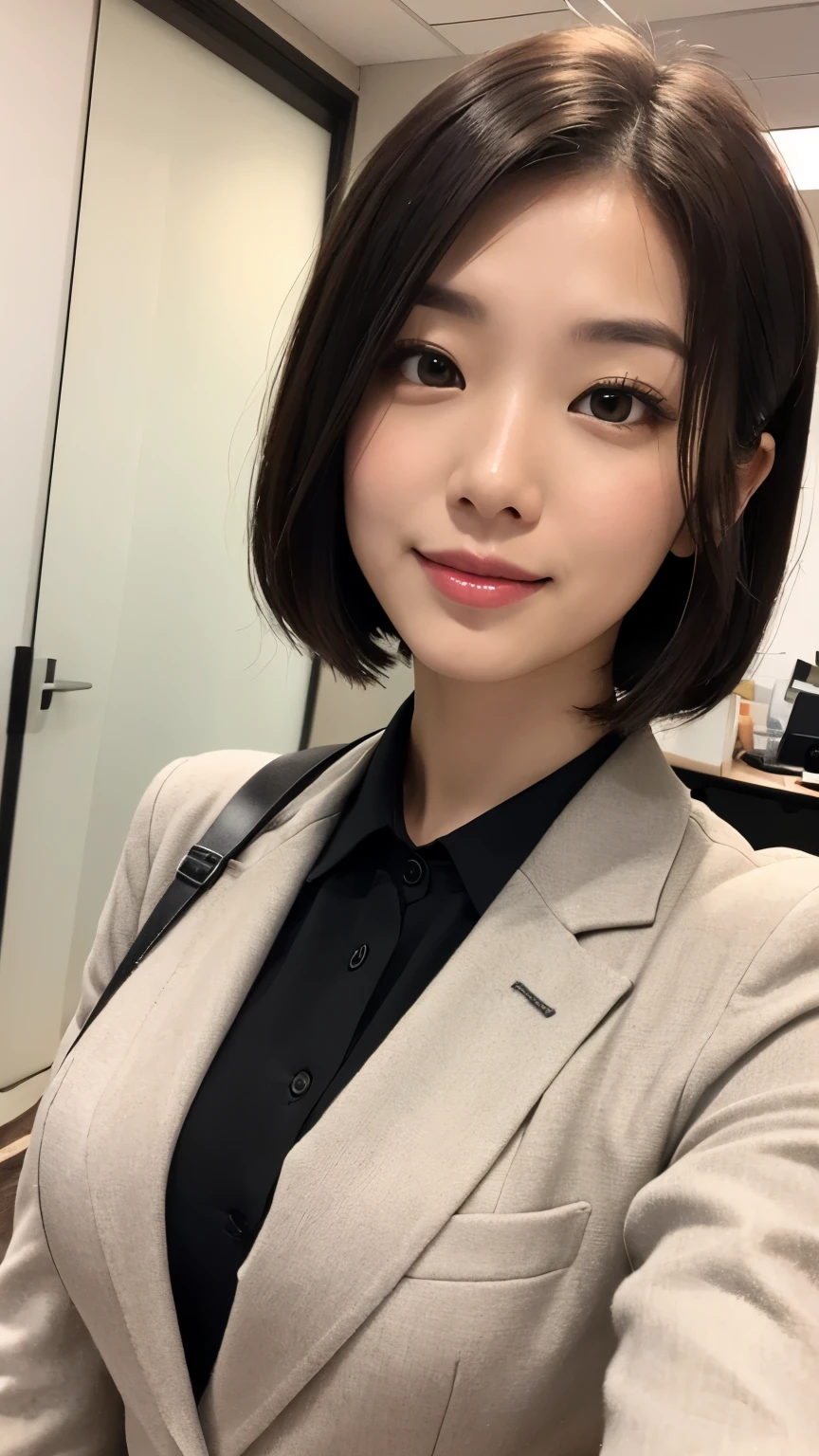1 Japanese woman, alone, 40 years, (suit figure:1.3), smile, (fluffy brown eyes), (beautiful face), (black short hair), huge breasts, (detailed face), detailedな唇, detailed face, detailedな胸, detailed, perfect body, Are standing, cowboy shot, ((background: In the office)), 8K, top quality, Intricate detaileds, ultra detail, ultra high resolution, masterpiece,