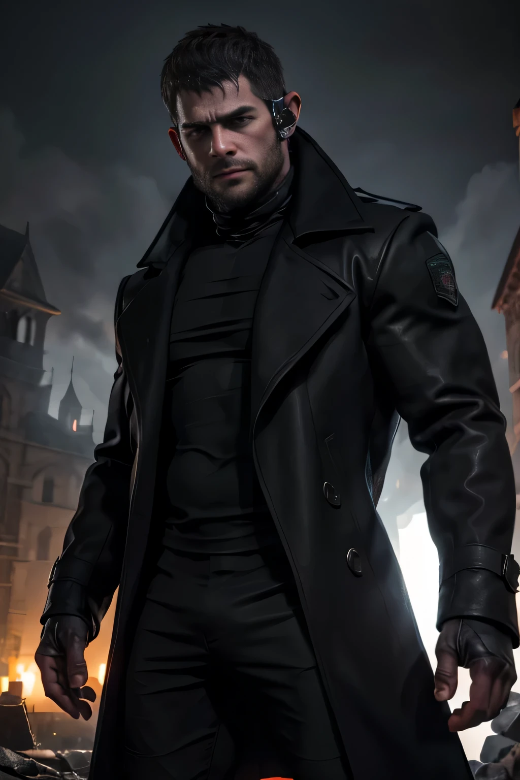 Dark gothic corrupted Transylvania village from the 1800s in the background, Chris Redfield from Resident Evil 8, 48 year olds, sliver hair, 1 man, solo, big black coat, black long sleeves, black pant, beard, holding a rifle, video games style, high resolution, dark nightime, soft lighting, best quailty, masterpiece, detailed face, upper body shot