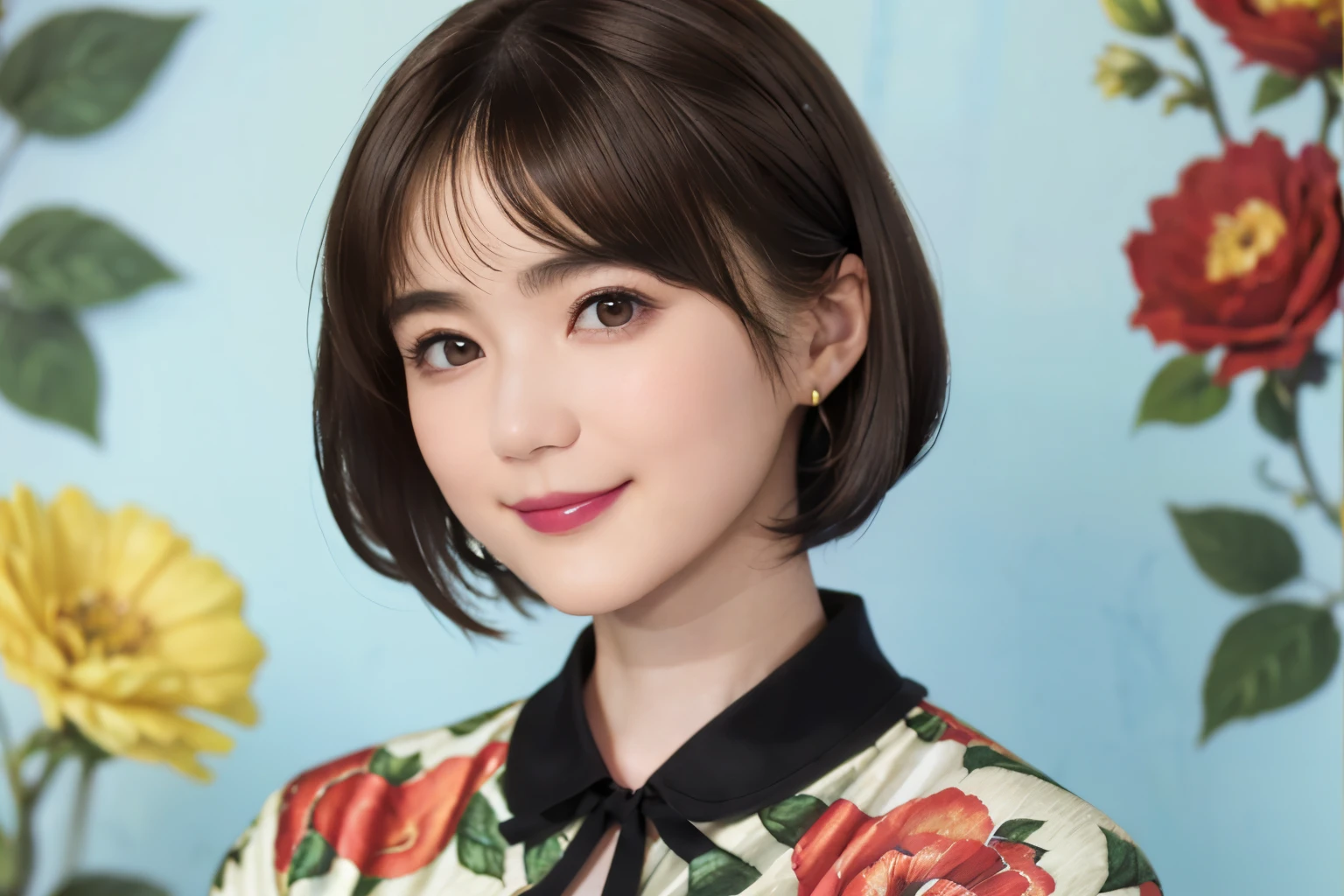 151
(20 year old woman,Floral clothing), (Super realistic), (high resolution), ((beautiful hairstyle 46)), ((short hair:1.46)), (gentle smile), (brest:1.1), (lipstick)
