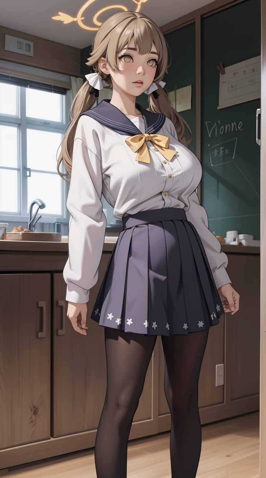 girl, solo, full body, from head to toe, standing, (Huge_Breasts:1.3), beautiful body, perfect body, nice body,

hifumi, brown hair, hair between eyes, hair bow, hair ribbon, halo, long hair, low twintails, sidelocks, twintails, wing hair ornament, (brown eyes:1.5), black pantyhose, black skirt, long sleeves, pantyhose, pleated skirt, ribbon, school uniform, serafuku, skirt,