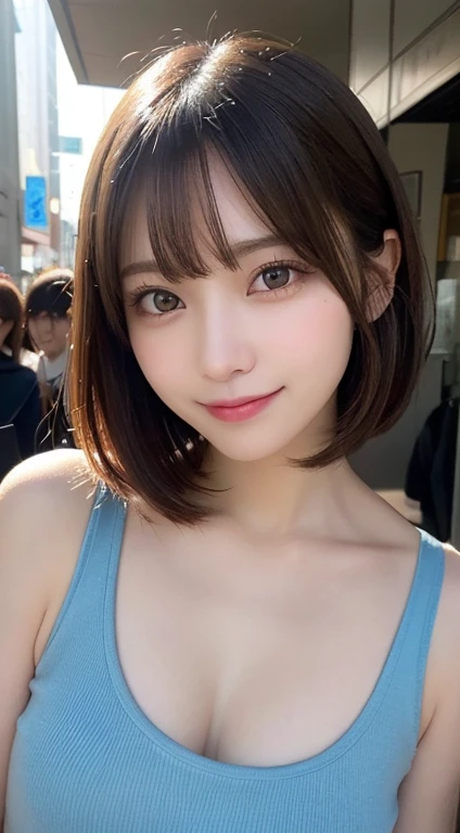 masutepiece, Best Quality, Illustration, Ultra-detailed, finely detail, hight resolution, 8K Wallpaper, Perfect dynamic composition, Beautiful detailed eyes, Women's Fashion,Very short hair,Small breasts natural color lip, Bold sexy poses,Smile,Harajuku、20 years girl、Cute、Sexy shot looking at camera