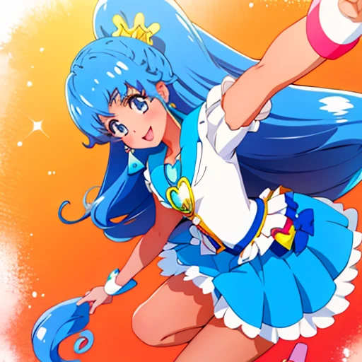 happiness charge precure, pretty cure, brown skin, giant braided ponytail winds swings around, blue skirt with winding pleats, thick curly ribbons coming from bottom of brooch, left arm pointing up, right arm pointing forward, 1girl, smile, (magical, magnificent, masterpiece:1.3)