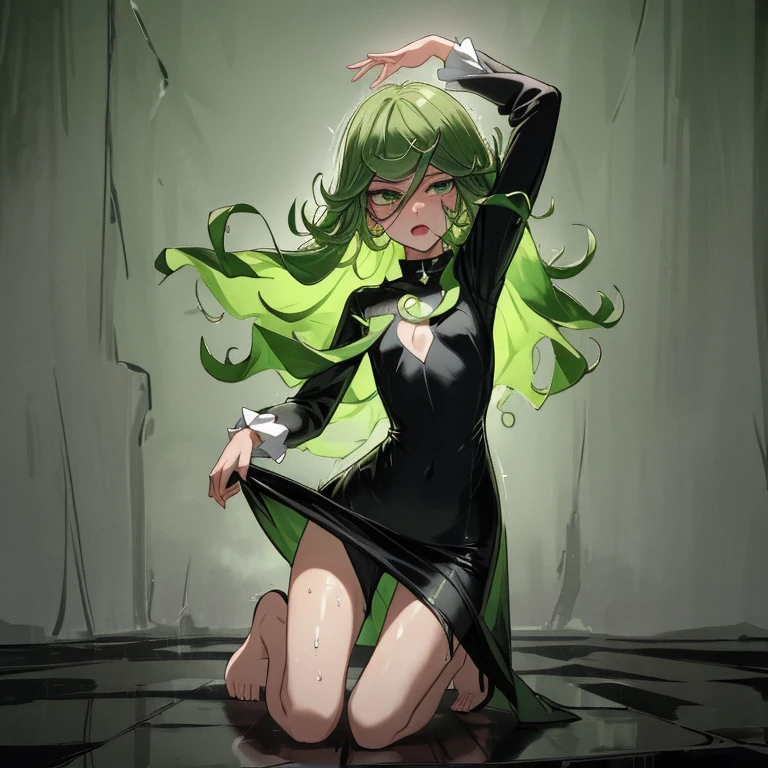 {{{tatsumaki}}}, {one punch man},
{{{{amazing quality, great quality, high quality, very aesthetic, aesthetic, best quality}}}},
realistic, photo, shadow, Three-dimensional, absurdres, Digital art,
{{{{Magical girl}}}}, beautiful girl, one girl,
green hair, shiny hair, green eyes, slanted eyes, big eyes, round eyes,
{{flat chest}}, {{small breasts}}, {{detailed body}}, slim thighs, thin thighs,
black tight dress, long skirt, {{side slit skirt}}, {{skirt with pointed hem}},
sleeves are wide open, {{{collar up, raise one's collar, dress that opens to the chest}}},
A trench coat-like dress with an upturned collar
black high heels, bare hands, {{{barefoot}}}, don't wear tights,
No panties, no bra, distress, resistance, defeat, inferiority, absurdres, aroused, sexual pleasure, troubled face, shy,
orgasm, sensitive body, Sweat, trembling, torn clothes, wet clothes, melted clothes, transparent clothes, damaged clothes, big pink cute monster attack the girl,