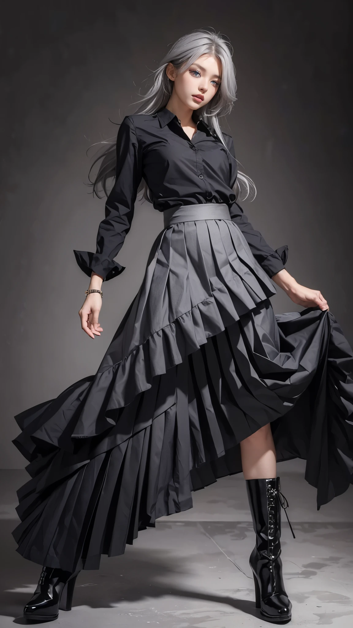 (anime:1.3), (all body, fashion portrait:1.6), ultra detailed, beautiful, masterpiece, best quality, _ BREAK (1girl:1.2), 22 years old, 160 cm, Japanese cute model, Tightened all body, medium Breasts, small head, small face, diamond Face, small nose, Sharp Faceline, young hands and fingers, beautiful hands and fingers, five fingers, _ BREAK (Glossy Lips:1.3), (Light color lips, Half open mouth, beautiful Teeth:1.2), (dropy eyes, Double eyelid, Blue eyes:1.), _ BREAK (arranged hairstyle:1.3), (gray hair:1.3), _ BREAK (gray background:1.4), Fog, mist, _ BREAK (wide angle, from below:1.3), (standing:1.6), (sexy model pose:1.6), BREAK 
(black fusion of knife pleated and Layered andAsymmetry maximum skirt:1.4), (maximum skirt:1.6), (Short boots with high heels:1.2), focus boots, BREAK (A-line black Collared Tight hirt:1.2),