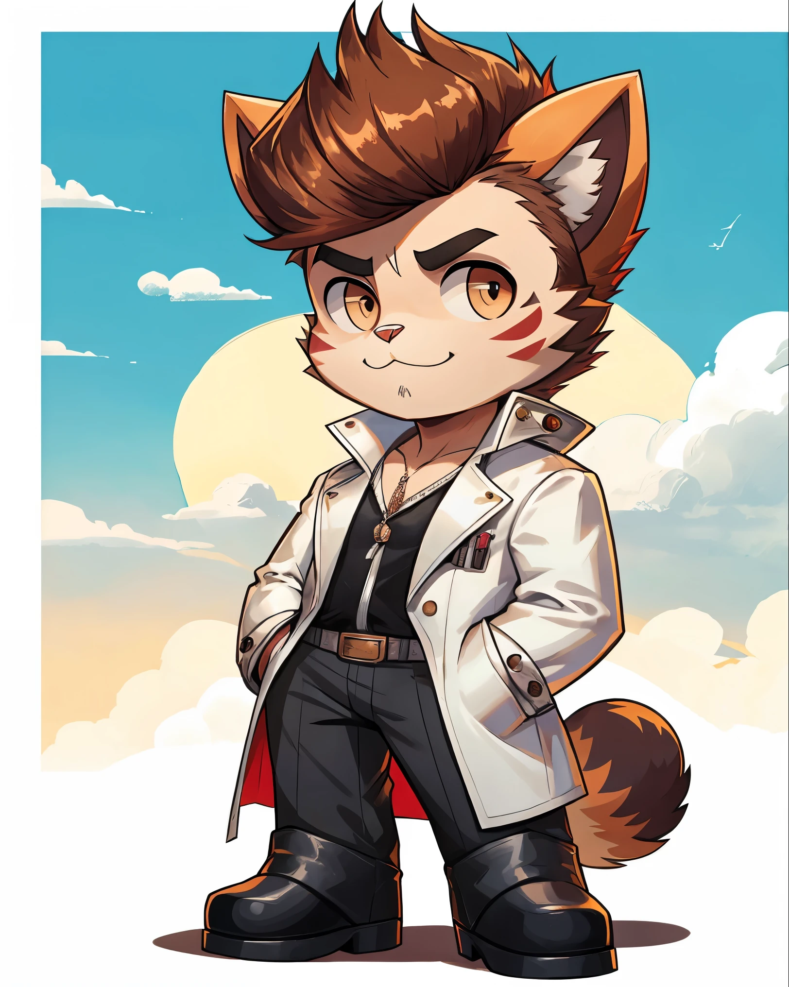 Cat wearing white suit, cowboy boot and have a pompadour, dressed as Elvis Presley, rock n roll, chibi, standing, classic red car at the background, stunning style