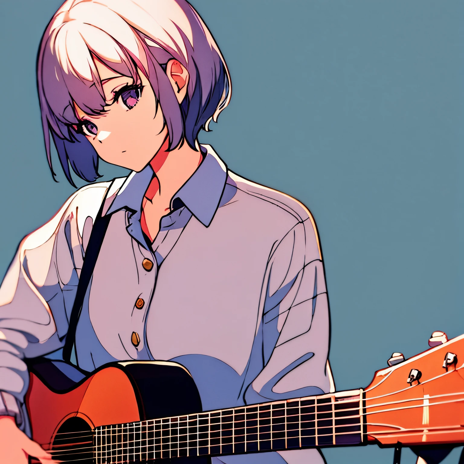 Short hair girl wearing a cardigan、white guitar、simple background、Modern atmosphere、cool