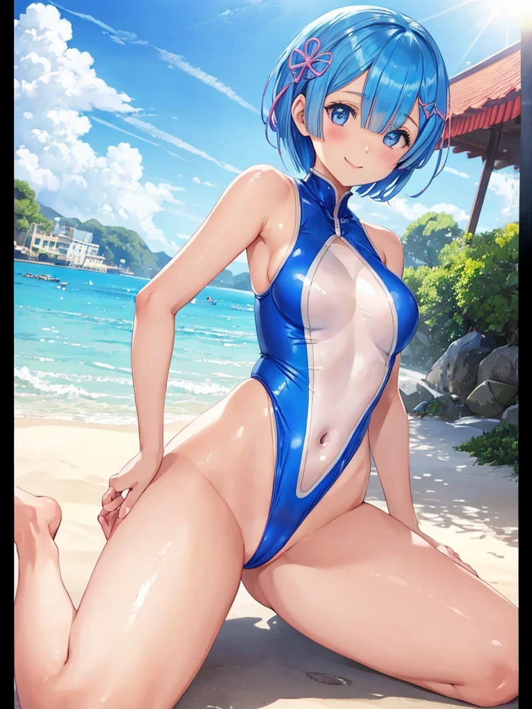 1 girl、Rem、Re:zero、blue hair、short hair、 super fine illustration、美しいseductive anime girl、Super detailed、smile、beautiful bluish eyes、beautiful proportions、gentle expression、seductive anime girl、Glossy skin、Transparent sex、swimsuit、strong sunlight、seaside,vest line,red school swimsuit , High leg, sex