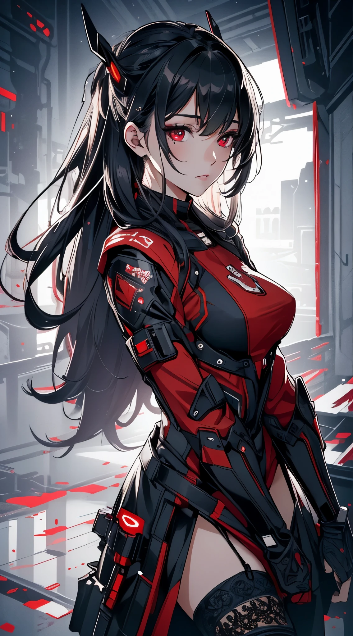 realistic, Beautiful detailed girl, clear and beautiful, Personage as the main perspective, shiny_skin, girl,woman,female, young,25 years old, (medium hair), bangs, (Top knot:1.3), sidelocks, black hair, (beautiful detailed Glass hair),beautiful detailed cold face, cold expression, complex details beautiful and delicate eyes, fingernails, medium_breasts, , red eyes, Authentic skin texture, gleaming skin,(racing bloomers:1.3),bloom,(line art:1.2),realistic illustration,(unreal engine),(GoPro),(insanely detailed),perfect shading,(digital art),(ray tracing),(intricate detailed),creative refinement,(dark atmosphere)